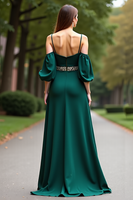 Load image into Gallery viewer, Dark Green Cold Shoulder Satin Long Formal Dress
