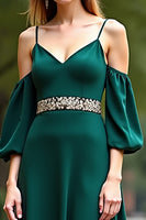 Load image into Gallery viewer, Dark Green Cold Shoulder Satin Long Formal Dress