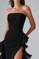 Load image into Gallery viewer, Black Square Neck Satin Long Formal Dress with Slit