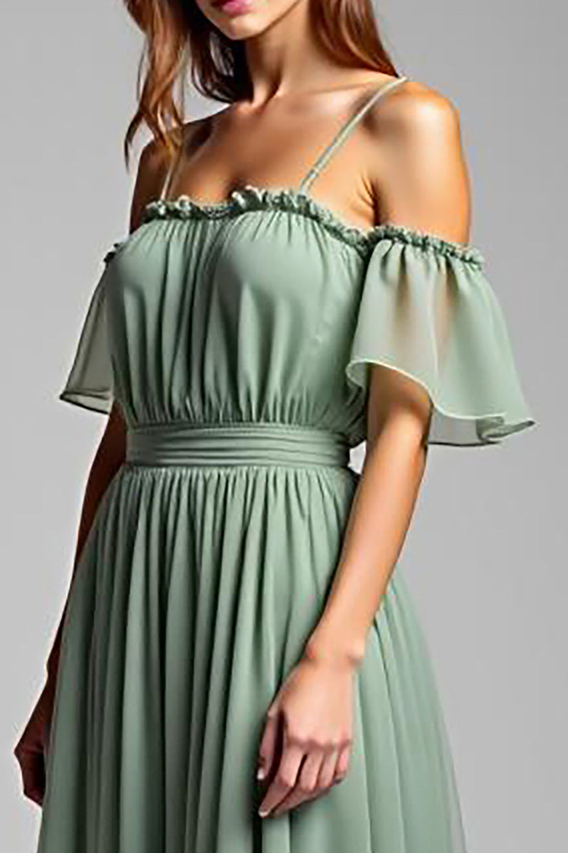 Load image into Gallery viewer, A Line Dusty Sage Cold Shoulder Long Formal Dress