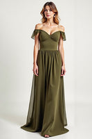 Load image into Gallery viewer, Off the Shoulder Olive Chiffon Long Formal Dress