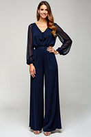 Load image into Gallery viewer, Navy Chiffon V-Neck Long Formal Jumpsuit