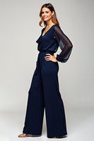 Load image into Gallery viewer, Navy Chiffon V-Neck Long Formal Jumpsuit
