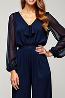 Load image into Gallery viewer, Navy Chiffon V-Neck Long Formal Jumpsuit