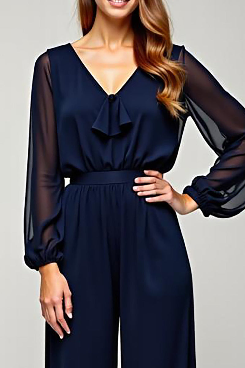 Load image into Gallery viewer, Navy Chiffon V-Neck Long Formal Jumpsuit