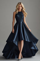 Load image into Gallery viewer, A Line Navy Satin Scoop High-Low Formal Dress