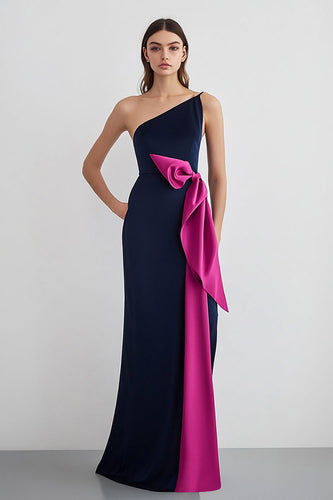 Navy Fuchsia One Shoulder Satin Sheath Long Formal Dress
