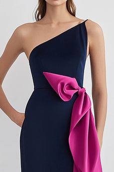 Navy Fuchsia One Shoulder Satin Sheath Long Formal Dress