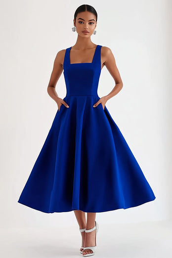 A Line Royal Blue Square Neck Long Formal Dress