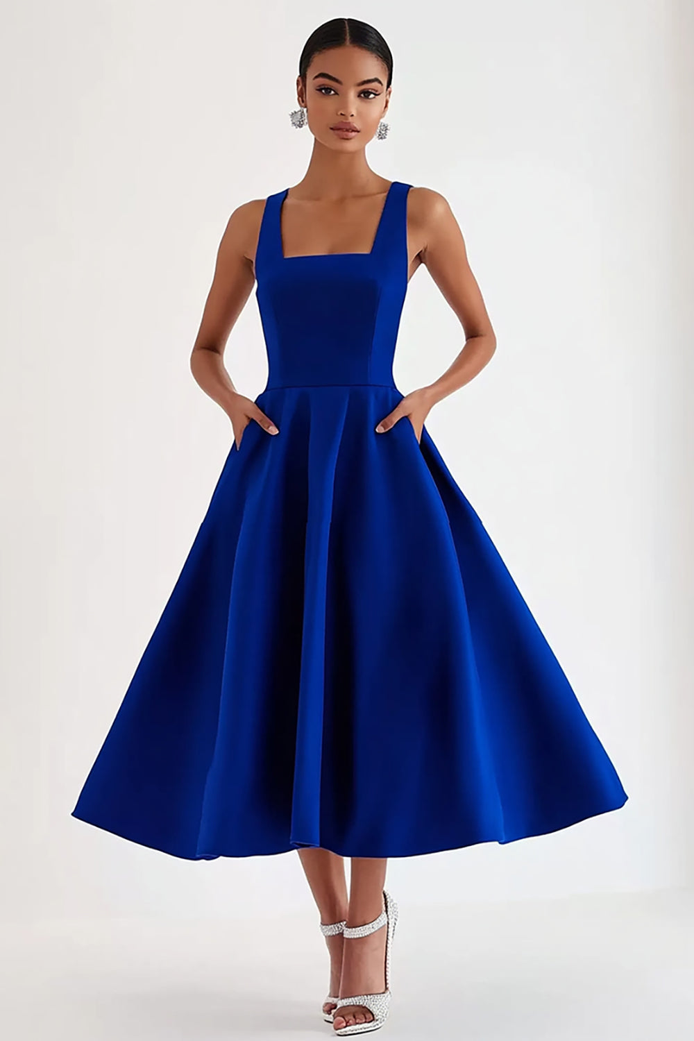 A Line Royal Blue Square Neck Long Formal Dress