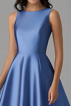 A Line Satin Blue Scoop Long Formal Dress