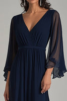 Load image into Gallery viewer, Navy V-Neck Chiffon Long Formal Dress with Half Sleeves
