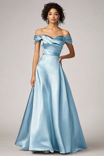 Sky Blue Off the Shoulder Satin Long Formal Dress