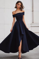 Load image into Gallery viewer, A Line Black Off the Shoulder Long Formal Dress with Slit
