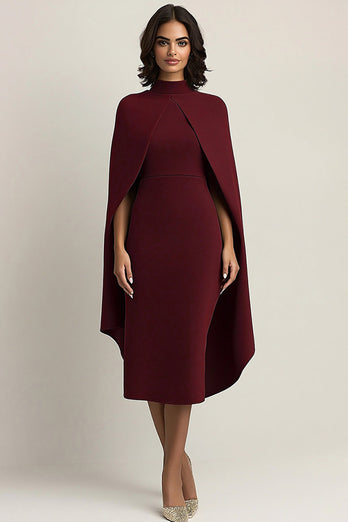 Burgundy High Neck Sheath Long Formal Dress with Shawl