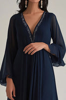 Load image into Gallery viewer, Navy Deep V-Neck Chiffon Long Formal Dress with Sleeves