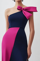 Load image into Gallery viewer, Sheath Navy Fuchsia One Shoulder Long Formal Dress with Slit