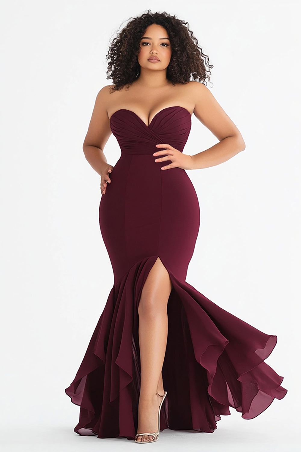 Queendancer Women Plus Size Burgundy Satin A Line Embroideried Formal
