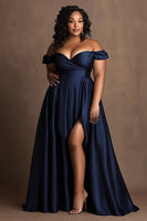 Load image into Gallery viewer, Queendancer Women Navy Plus Size Long Formal Dress with Slit Off the Shoulder Satin A Line Sweetheart Party Dress