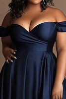 Load image into Gallery viewer, Navy Satin Plus Size Off the Shoulder A Line Long Formal Dress with Slit
