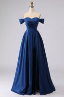Load image into Gallery viewer, Navy Satin Plus Size Off the Shoulder A Line Long Formal Dress with Slit
