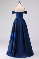 Load image into Gallery viewer, Navy Satin Plus Size Off the Shoulder A Line Long Formal Dress with Slit