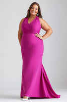 Load image into Gallery viewer, Fuchsia V-Neck Satin Long Plus Size Formal Dress