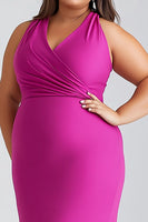 Load image into Gallery viewer, Fuchsia V-Neck Satin Long Plus Size Formal Dress