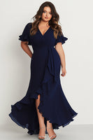 Load image into Gallery viewer, Navy Short Sleeves V-Neck Long Plus Size Formal Dress