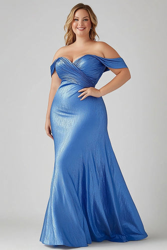 Off the Shoulder Blue Satin Long Plus Size Formal Dress