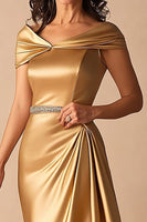 Load image into Gallery viewer, Gold Off the Shoulder A Line Long Formal Dress