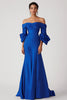 Load image into Gallery viewer, Satin Royal Blue Off the Shoulder Long Formal Dress with Half Sleeves