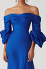 Load image into Gallery viewer, Satin Royal Blue Off the Shoulder Long Formal Dress with Half Sleeves