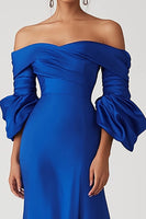 Load image into Gallery viewer, Satin Royal Blue Off the Shoulder Long Formal Dress with Half Sleeves