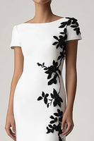 Load image into Gallery viewer, Appliqued White Sheath Long Formal Dress with Short Sleeves