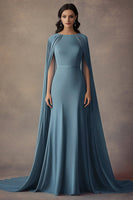 Load image into Gallery viewer, Ruched Grey Blue Round Neck Long Formal Dress with Shawl