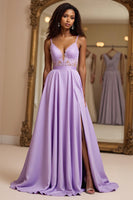 Load image into Gallery viewer, Lilac A Line Embroideried Spaghetti Straps Long Prom Dress