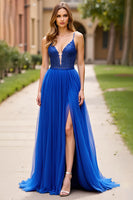 Load image into Gallery viewer, Royal Blue A Line V-Neck Long Prom Dress with Slit