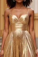 Load image into Gallery viewer, Sparkly Gold A Line Satin Backless Long Prom Dress with Slit