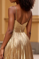 Load image into Gallery viewer, Sparkly Gold A Line Satin Backless Long Prom Dress with Slit
