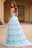Load image into Gallery viewer, Sky Blue Ball Gown Tulle Tiered Sweetheart Long Prom Dress