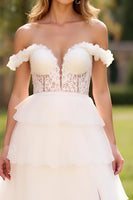 Load image into Gallery viewer, White A Line Backless Tulle Long Prom Dress with Slit