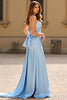 Load image into Gallery viewer, Sky Blue Satin A Line V-Neck Long Prom Dress with Bow