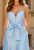 Load image into Gallery viewer, Sky Blue Satin A Line V-Neck Long Prom Dress with Bow