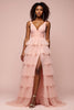 Load image into Gallery viewer, Pink Tulle A Line Tiered Backless Long Prom Dress with Slit