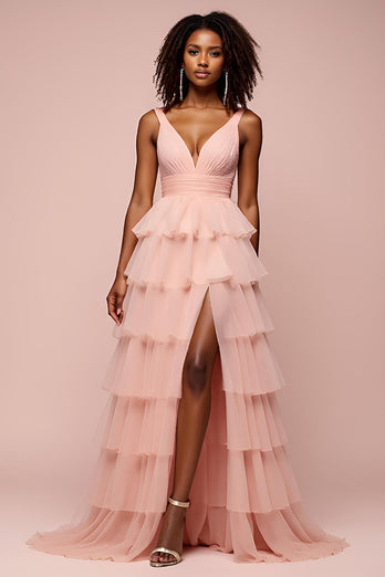 Pink Tulle A Line Tiered Backless Long Prom Dress with Slit