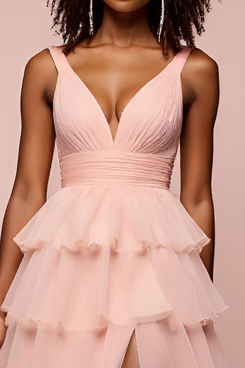 Pink Tulle A Line Tiered Backless Long Prom Dress with Slit