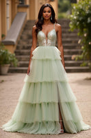 Load image into Gallery viewer, Light Green Tulle A Line V-Neck Tiered Long Prom Dress with Slit