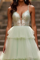 Load image into Gallery viewer, Light Green Tulle A Line V-Neck Tiered Long Prom Dress with Slit