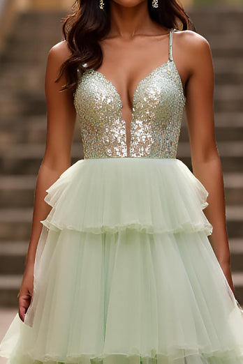 Light Green Tulle A Line V-Neck Tiered Long Prom Dress with Slit